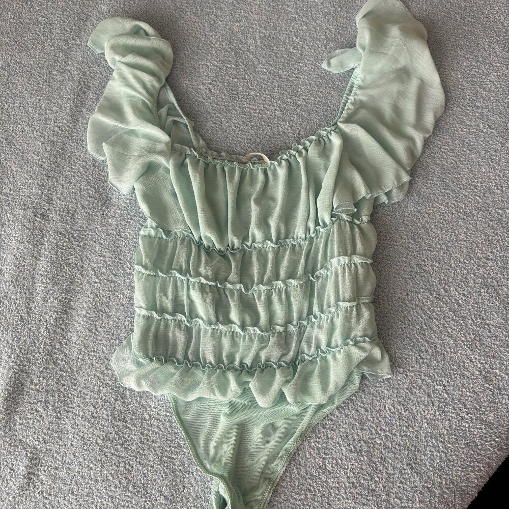 Free People Intimately Juliet Sheer Ruffle Bodysuit | Size M | Blue - Picture 3 of 6